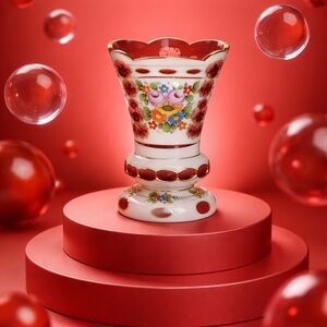 Bohemian Czech Red to White Cased Glass Vase Hand Painted Flowers LOT 8150